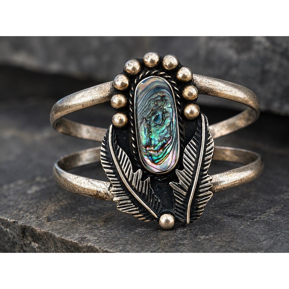 Vintage Navajo Sterling Silver Abalone Feather Cuff Bracelet HUGE Statement 37g - Picture 2 of 15